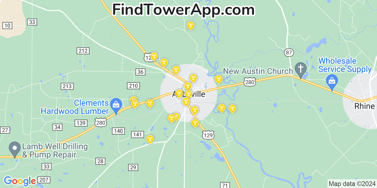 AT&T 4G/5G cell tower coverage map Abbeville, Georgia