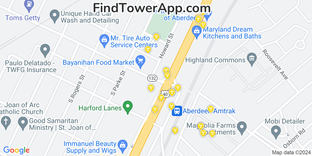 AT&T 4G/5G cell tower coverage map Aberdeen, Maryland