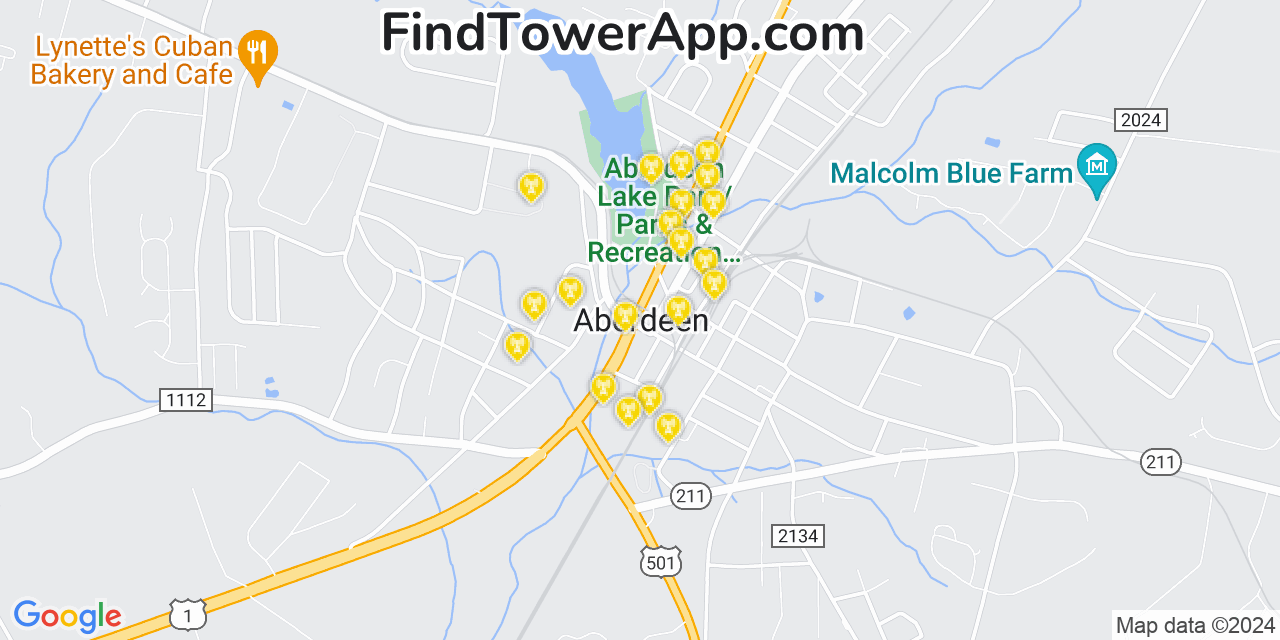 AT&T 4G/5G cell tower coverage map Aberdeen, North Carolina