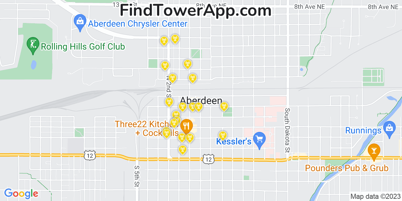 AT&T 4G/5G cell tower coverage map Aberdeen, South Dakota