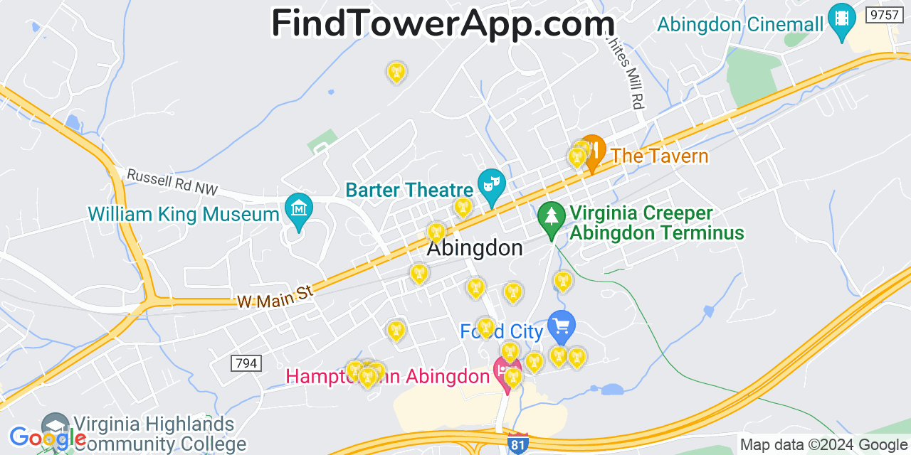Verizon 4G/5G cell tower coverage map Abingdon, Virginia