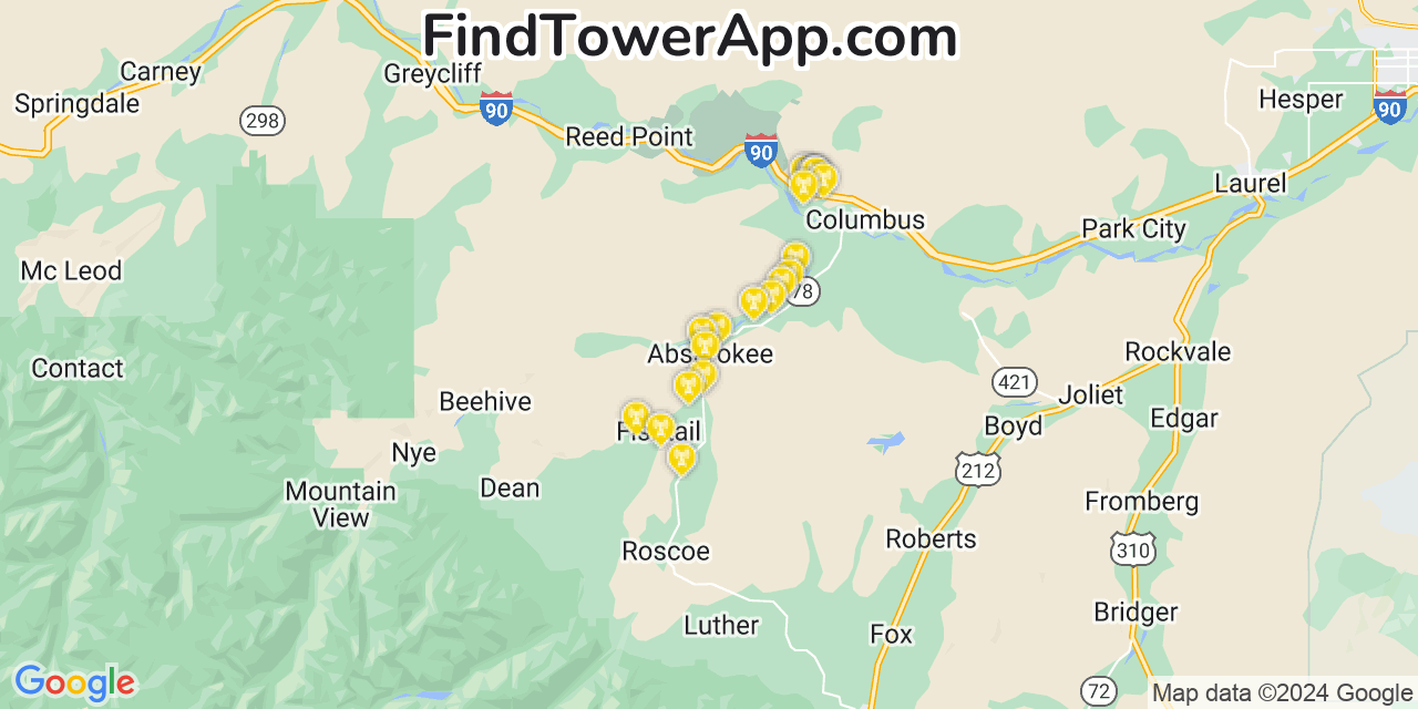 AT&T 4G/5G cell tower coverage map Absarokee, Montana
