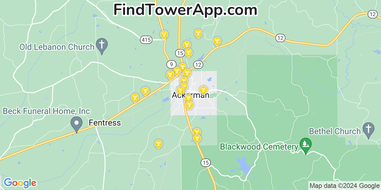 AT&T 4G/5G cell tower coverage map Ackerman, Mississippi
