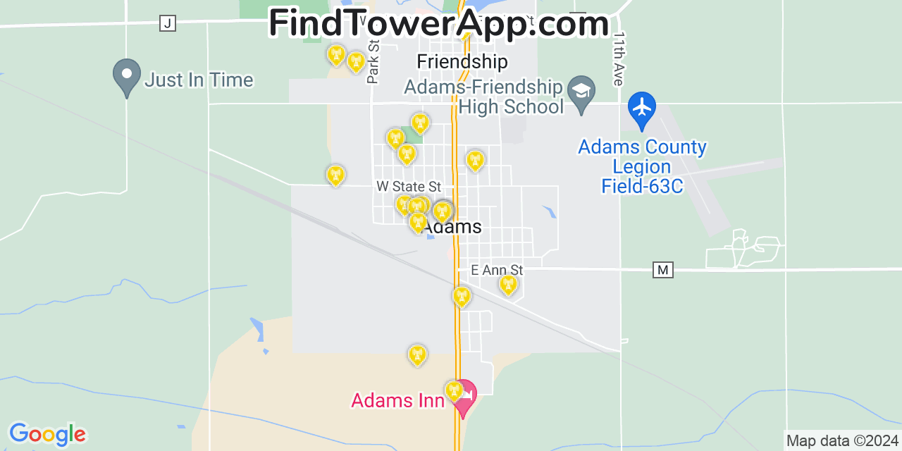 AT&T 4G/5G cell tower coverage map Adams, Wisconsin