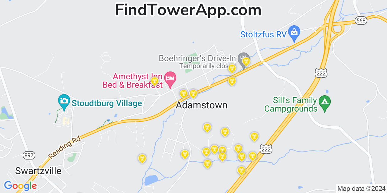 Verizon 4G/5G cell tower coverage map Adamstown, Pennsylvania