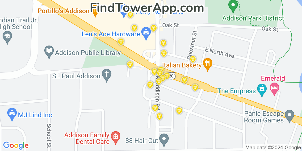 AT&T 4G/5G cell tower coverage map Addison, Illinois
