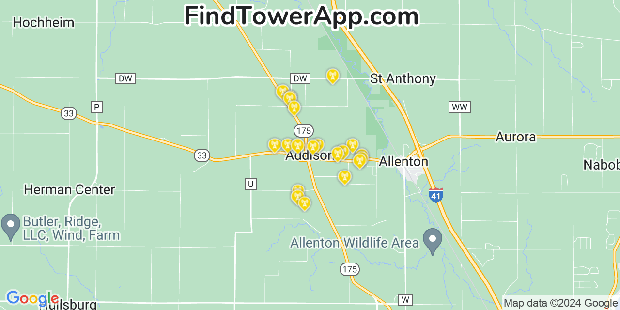 Verizon 4G/5G cell tower coverage map Addison, Wisconsin