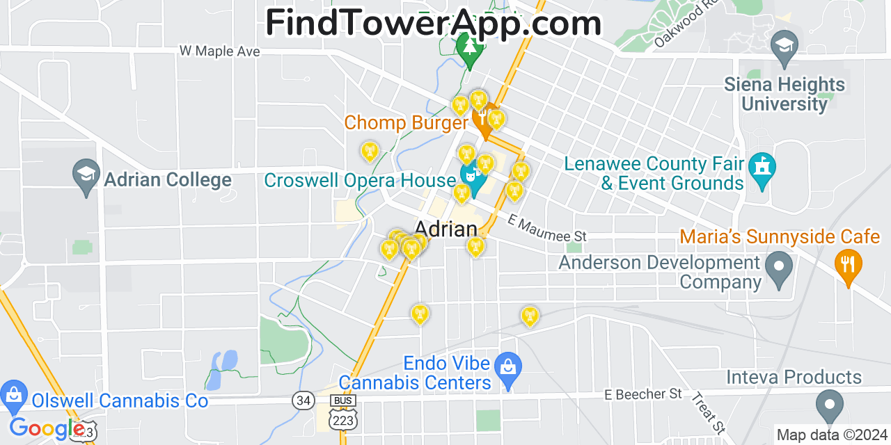 AT&T 4G/5G cell tower coverage map Adrian, Michigan