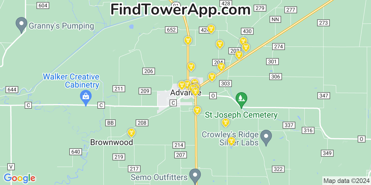 AT&T 4G/5G cell tower coverage map Advance, Missouri