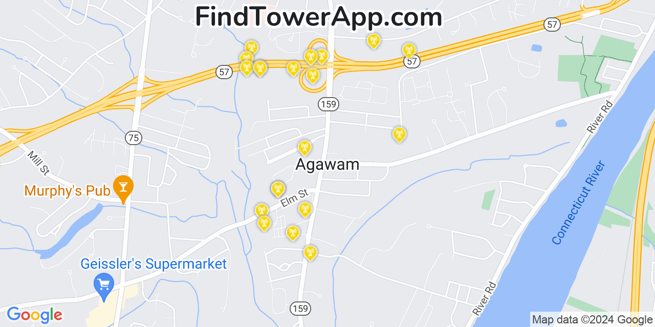 AT&T 4G/5G cell tower coverage map Agawam, Massachusetts