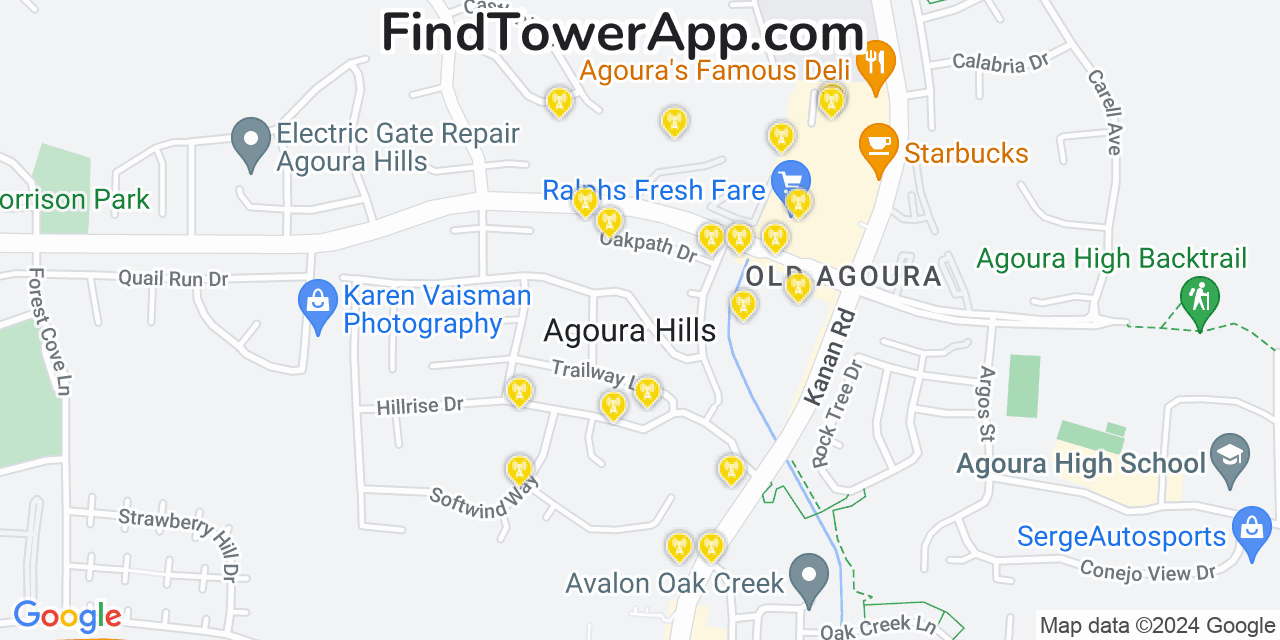 AT&T 4G/5G cell tower coverage map Agoura Hills, California