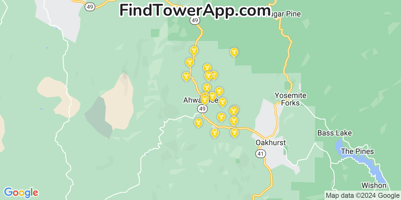 AT&T 4G/5G cell tower coverage map Ahwahnee, California