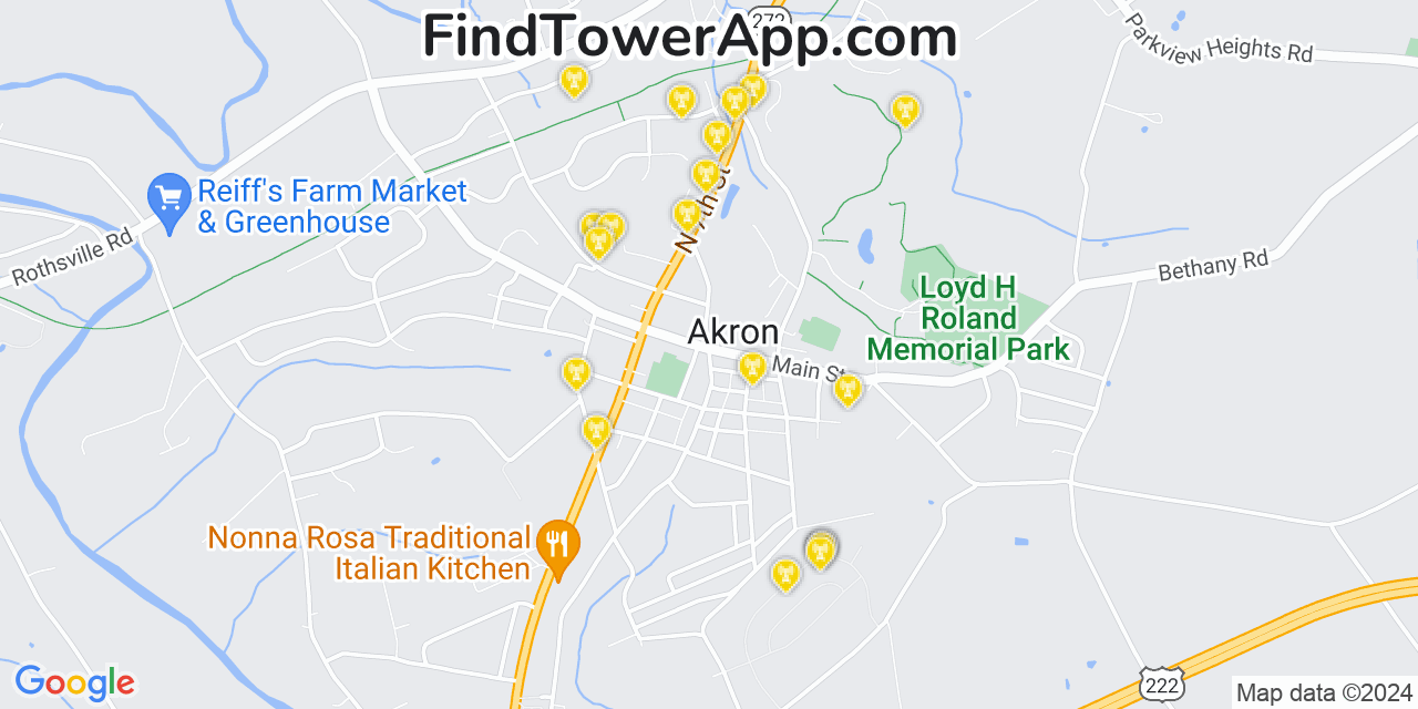 AT&T 4G/5G cell tower coverage map Akron, Pennsylvania