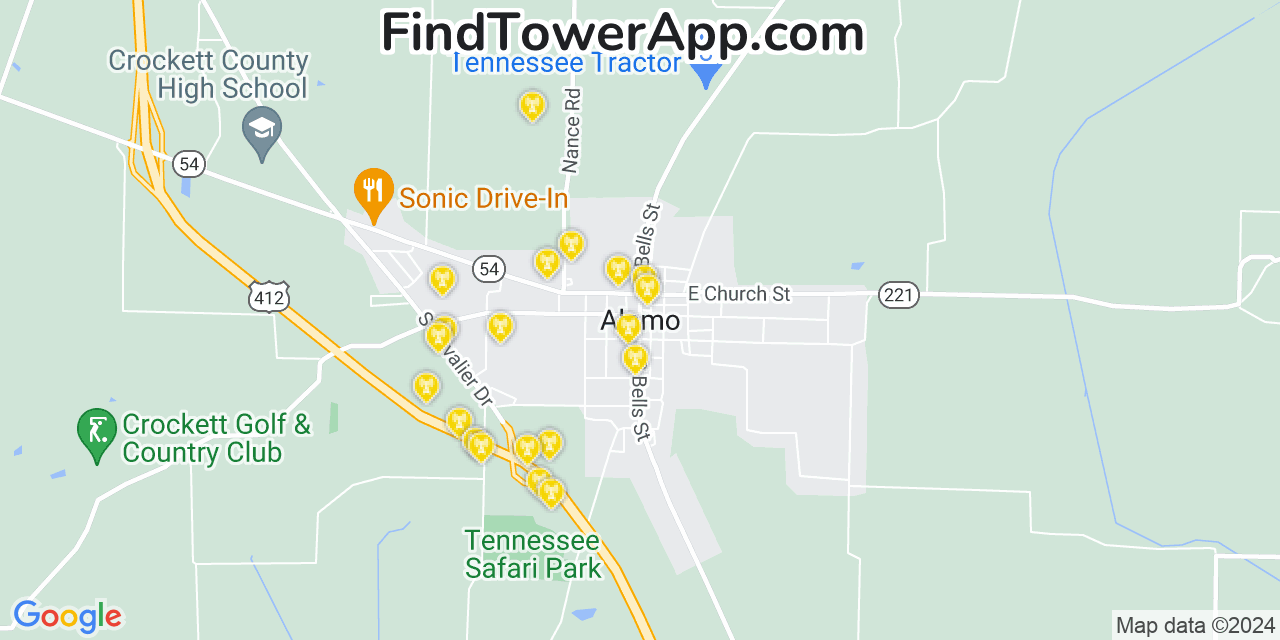 AT&T 4G/5G cell tower coverage map Alamo, Tennessee