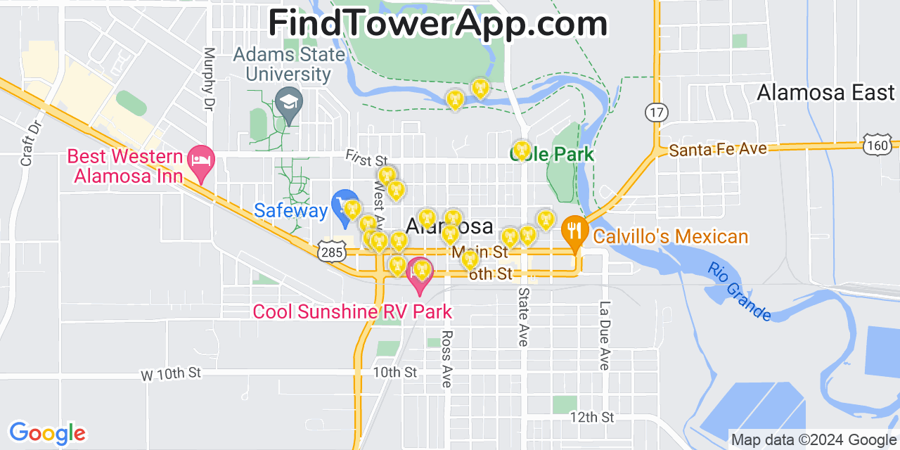 AT&T 4G/5G cell tower coverage map Alamosa, Colorado