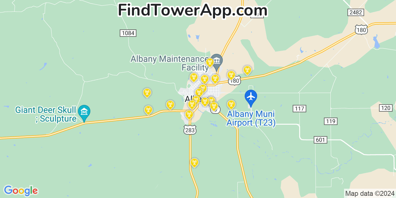 AT&T 4G/5G cell tower coverage map Albany, Texas