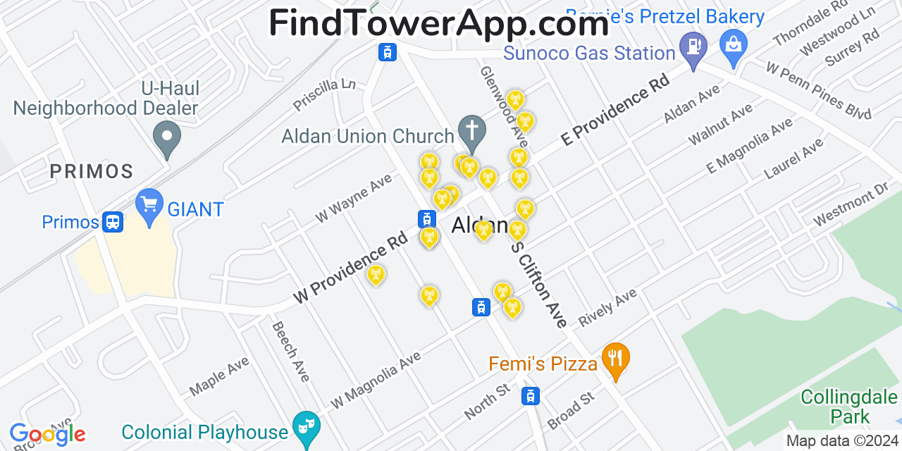 AT&T 4G/5G cell tower coverage map Aldan, Pennsylvania