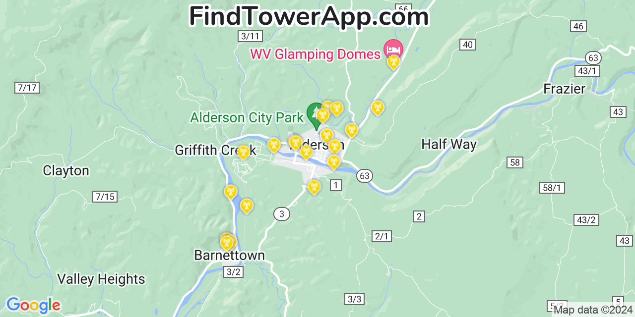 AT&T 4G/5G cell tower coverage map Alderson, West Virginia