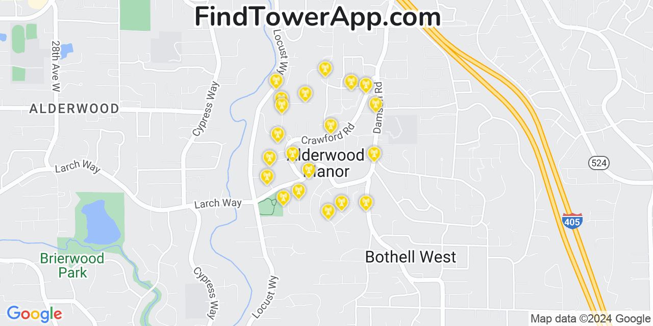 AT&T 4G/5G cell tower coverage map Alderwood Manor, Washington