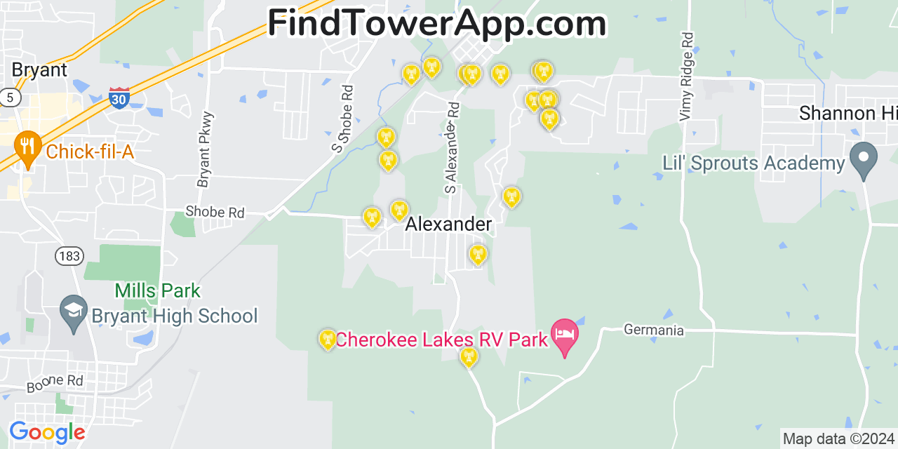 AT&T 4G/5G cell tower coverage map Alexander, Arkansas