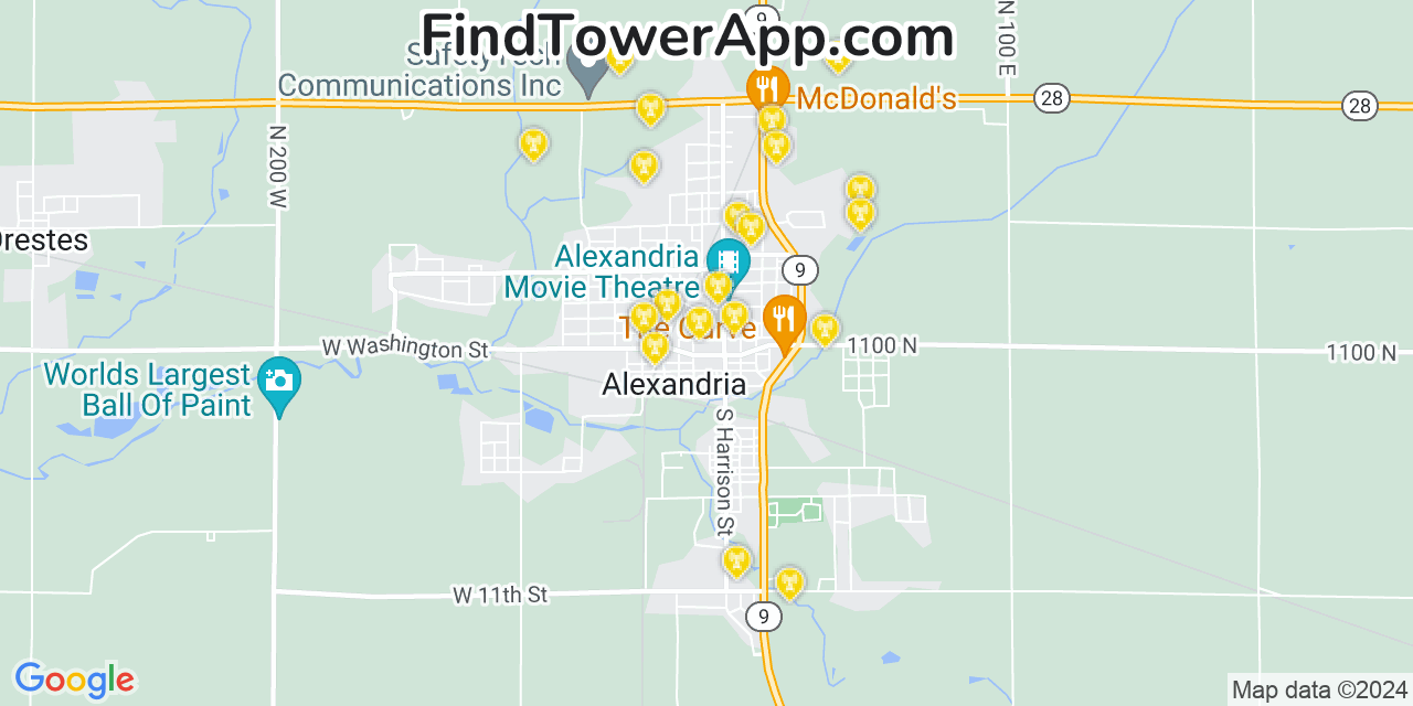 AT&T 4G/5G cell tower coverage map Alexandria, Indiana