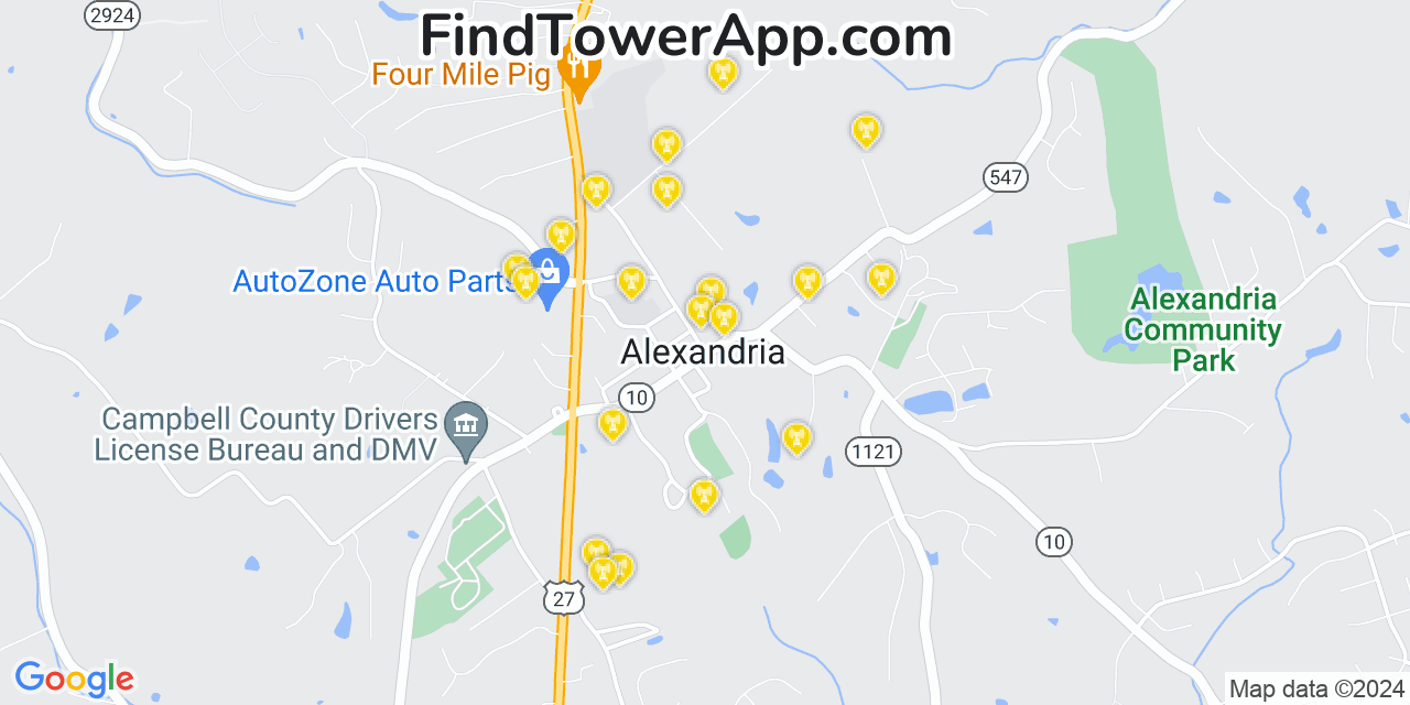 AT&T 4G/5G cell tower coverage map Alexandria, Kentucky