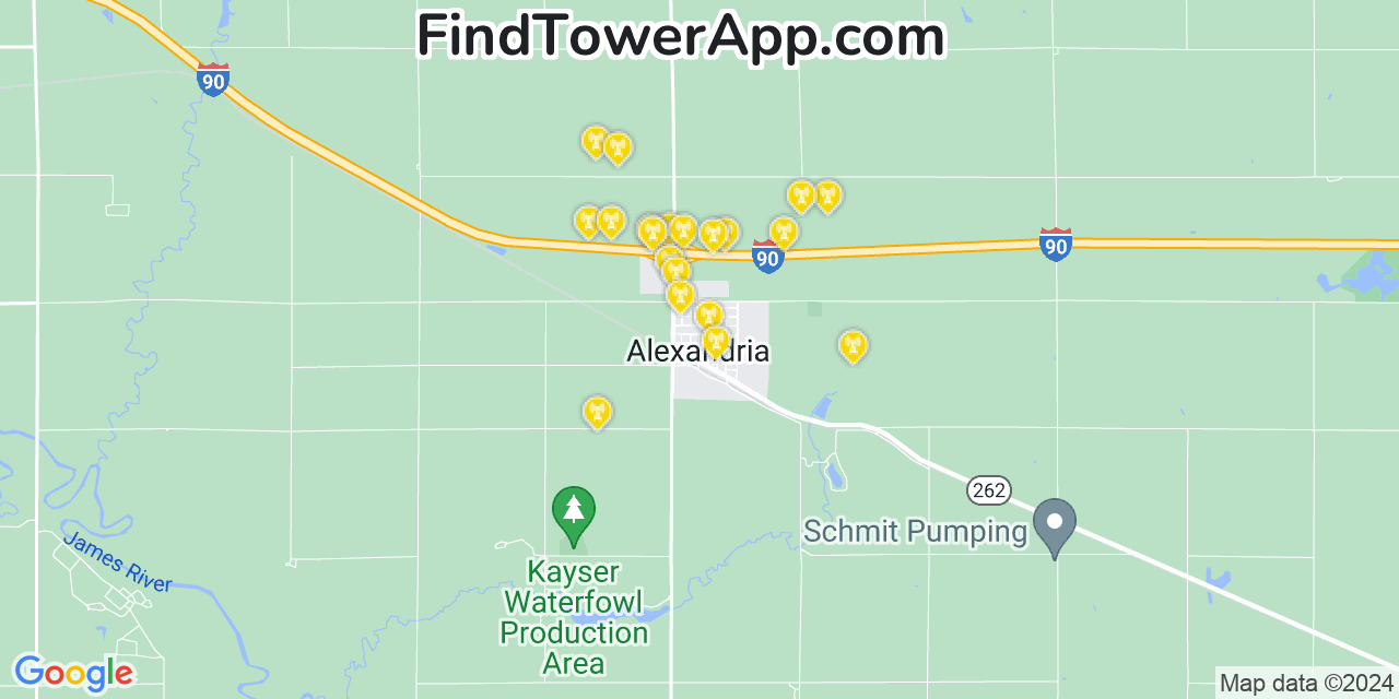 AT&T 4G/5G cell tower coverage map Alexandria, South Dakota