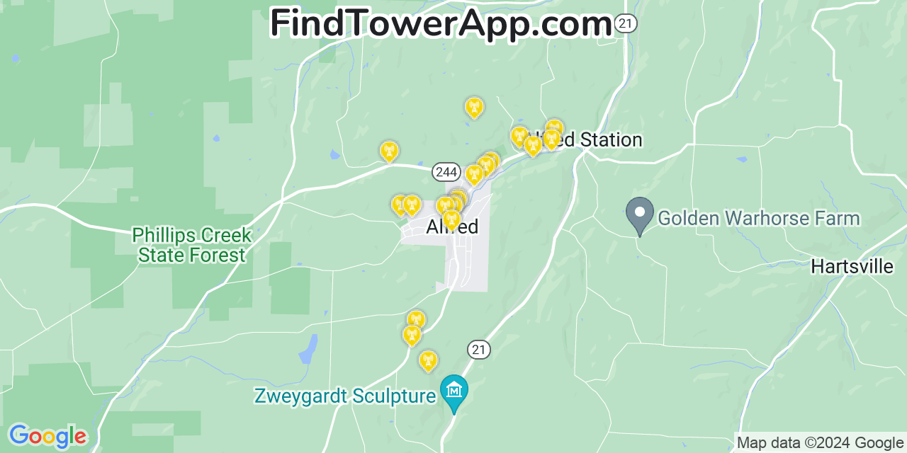 AT&T 4G/5G cell tower coverage map Alfred, New York