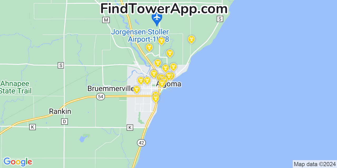AT&T 4G/5G cell tower coverage map Algoma, Wisconsin