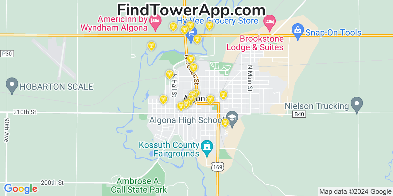 AT&T 4G/5G cell tower coverage map Algona, Iowa