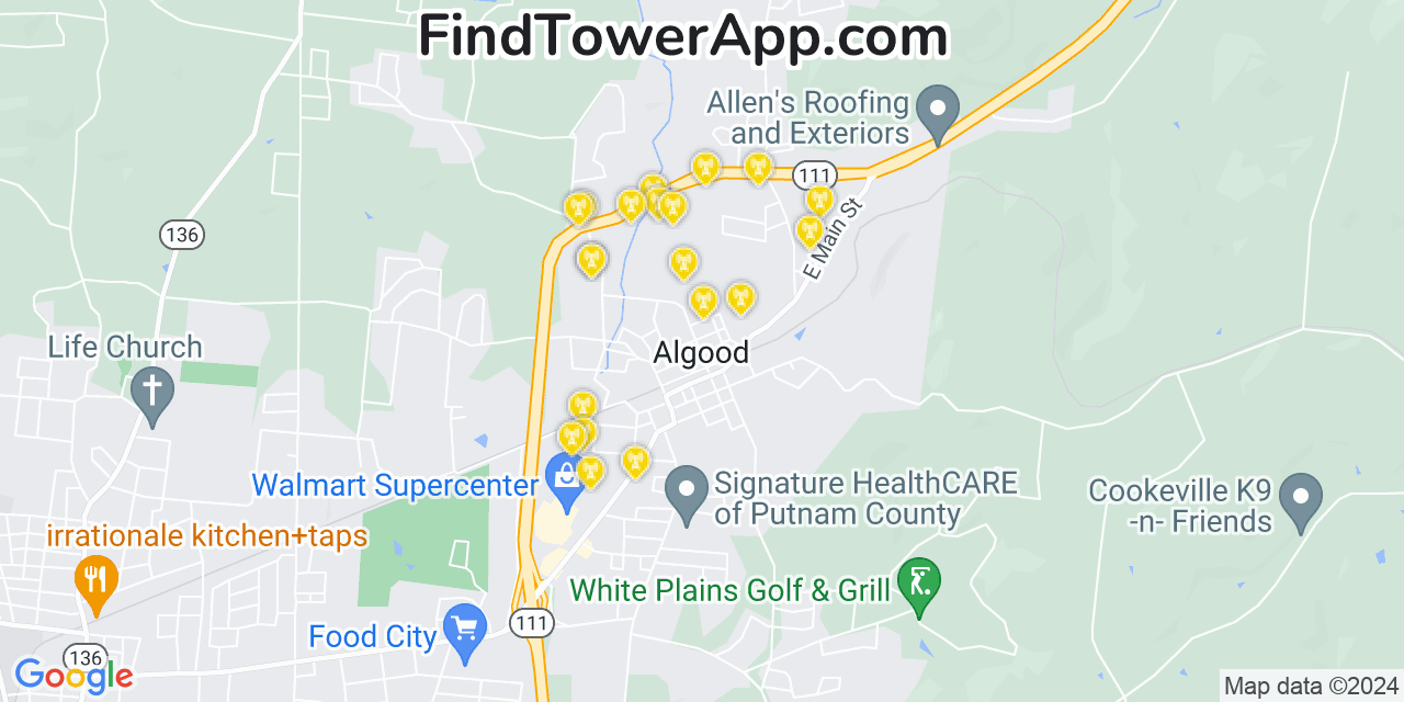 AT&T 4G/5G cell tower coverage map Algood, Tennessee