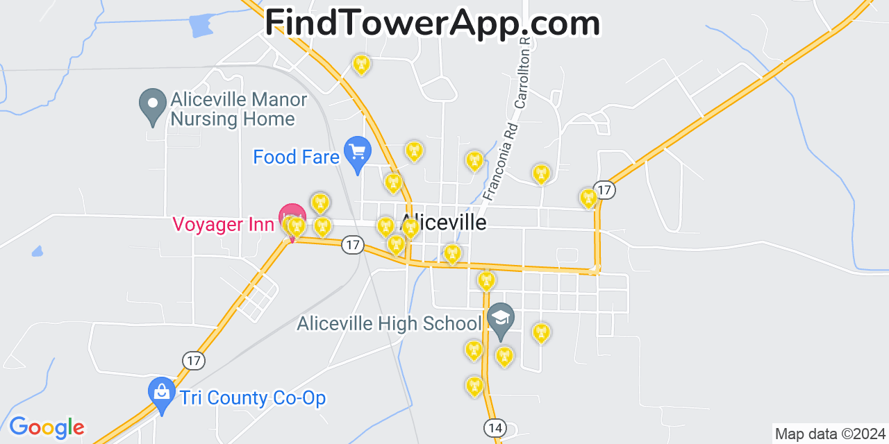 AT&T 4G/5G cell tower coverage map Aliceville, Alabama