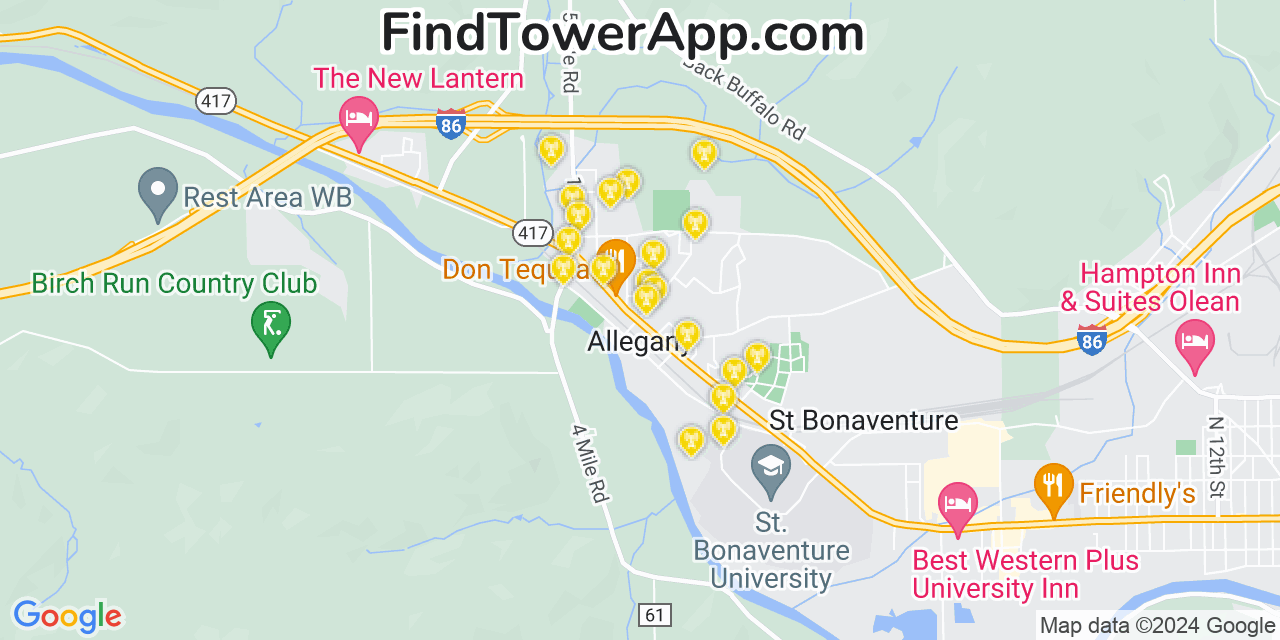 AT&T 4G/5G cell tower coverage map Allegany, New York