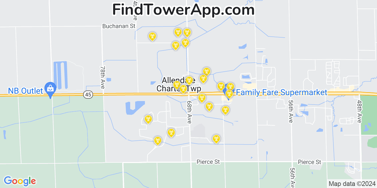 AT&T 4G/5G cell tower coverage map Allendale, Michigan