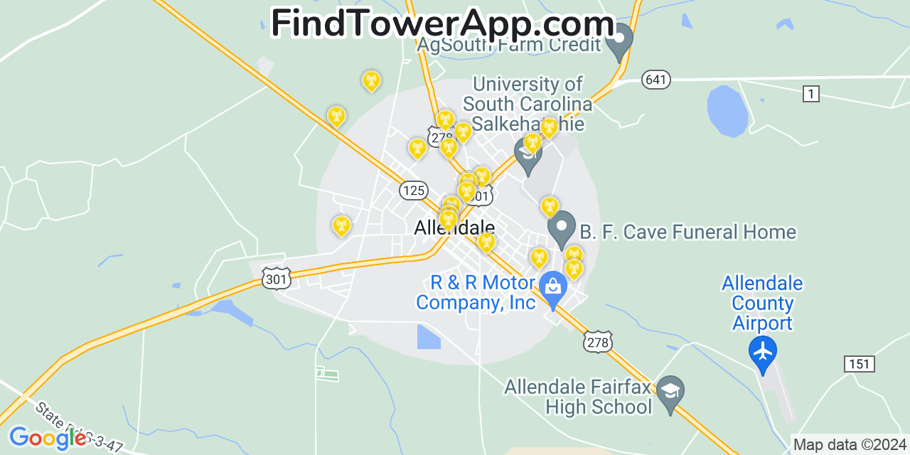 AT&T 4G/5G cell tower coverage map Allendale, South Carolina