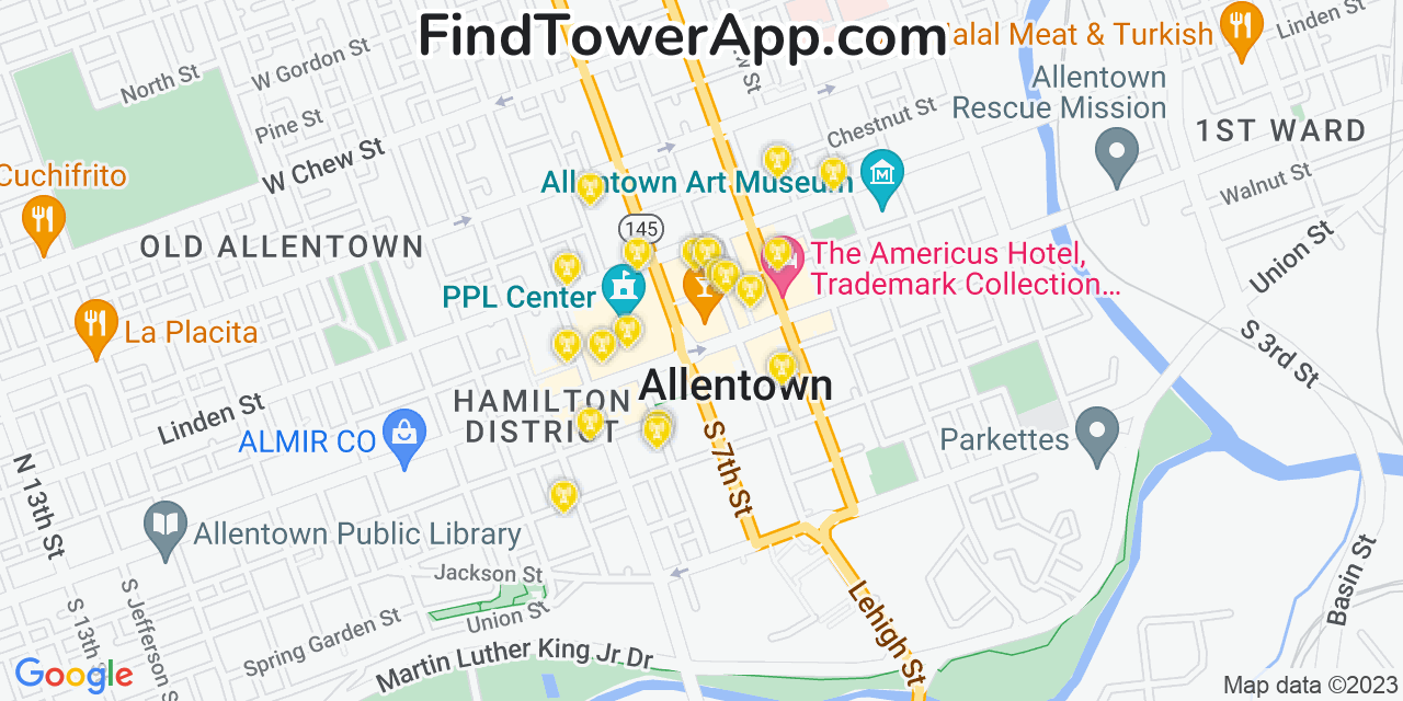 AT&T 4G/5G cell tower coverage map Allentown, Pennsylvania
