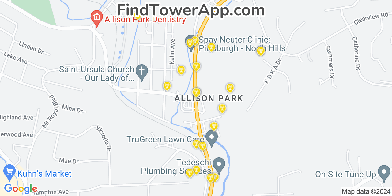AT&T 4G/5G cell tower coverage map Allison Park, Pennsylvania