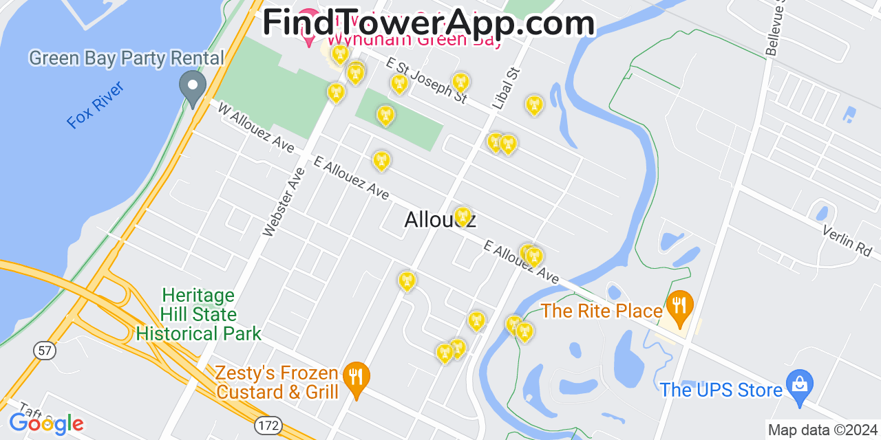 AT&T 4G/5G cell tower coverage map Allouez, Wisconsin