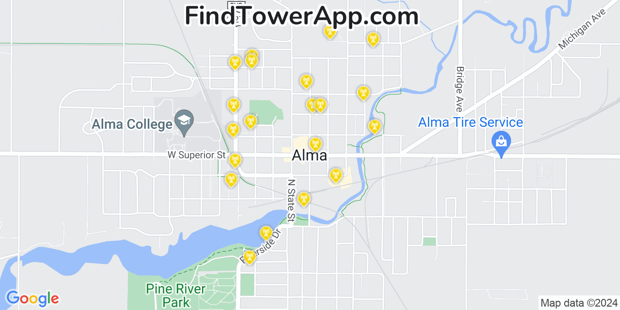AT&T 4G/5G cell tower coverage map Alma, Michigan