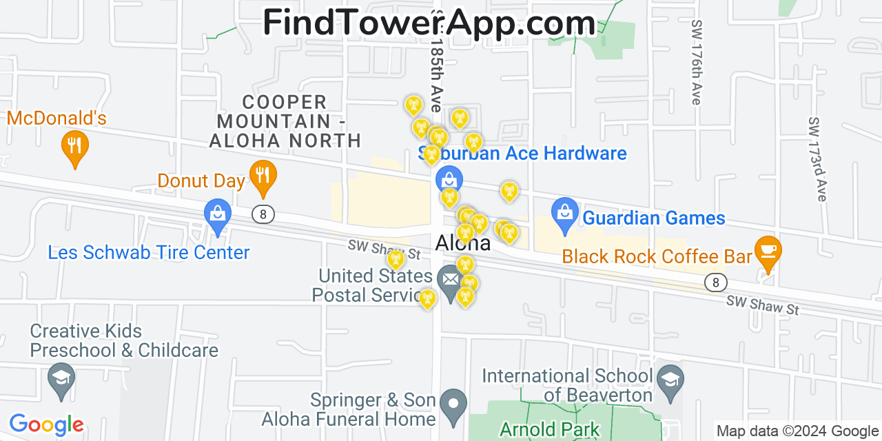 AT&T 4G/5G cell tower coverage map Aloha, Oregon