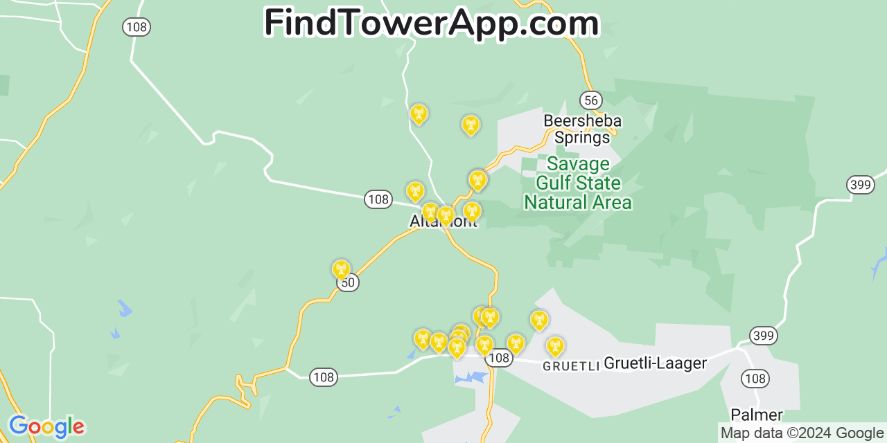 AT&T 4G/5G cell tower coverage map Altamont, Tennessee