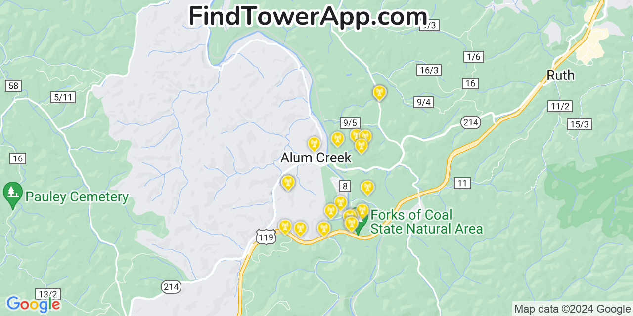AT&T 4G/5G cell tower coverage map Alum Creek, West Virginia