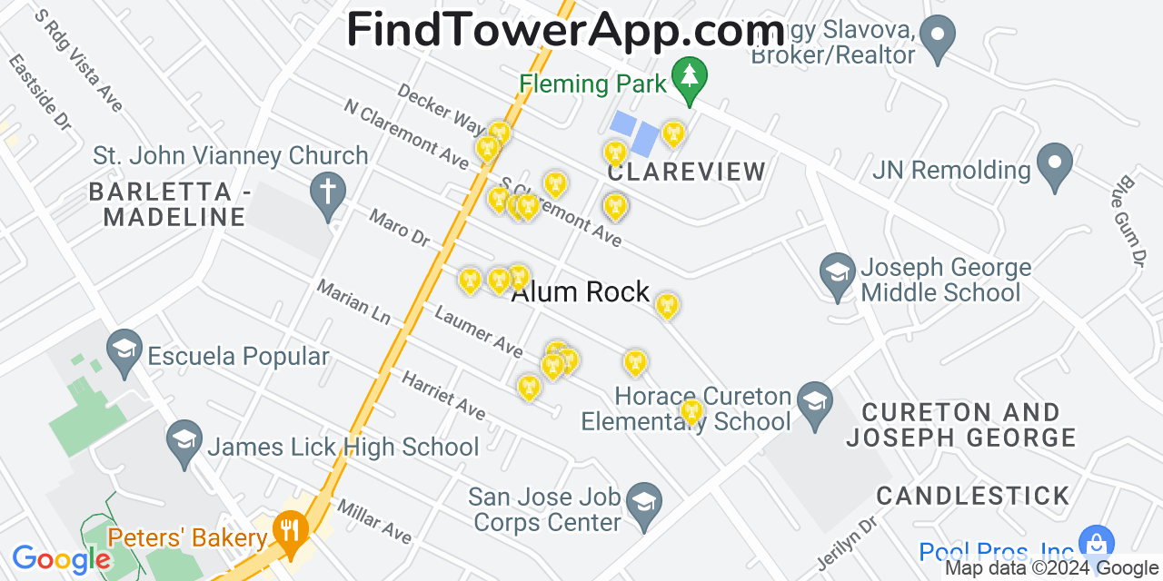 AT&T 4G/5G cell tower coverage map Alum Rock, California