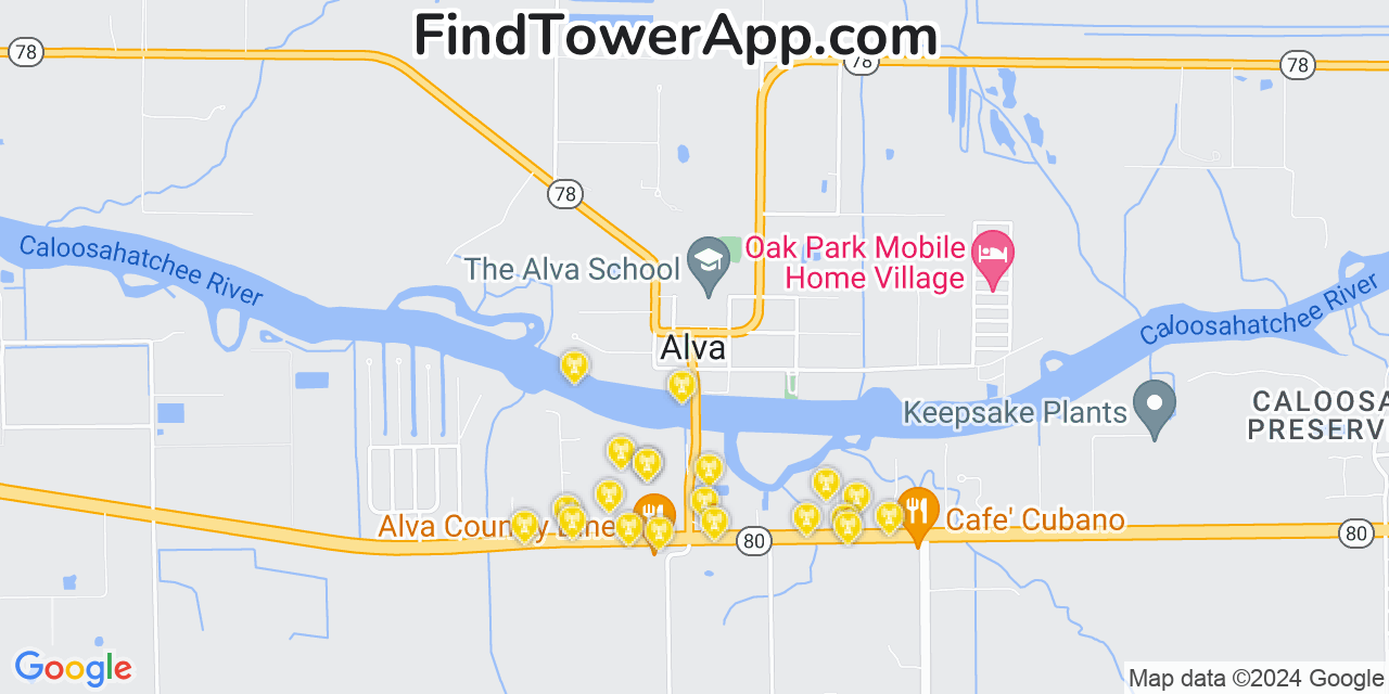 AT&T 4G/5G cell tower coverage map Alva, Florida