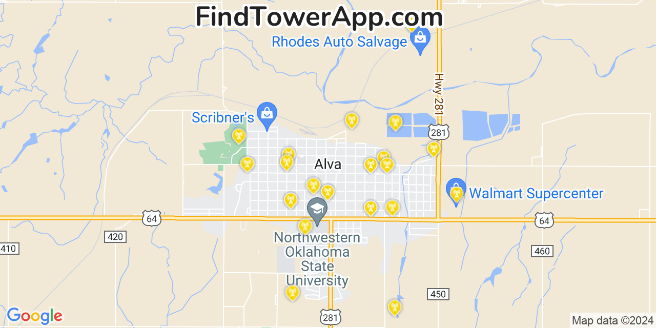 AT&T 4G/5G cell tower coverage map Alva, Oklahoma