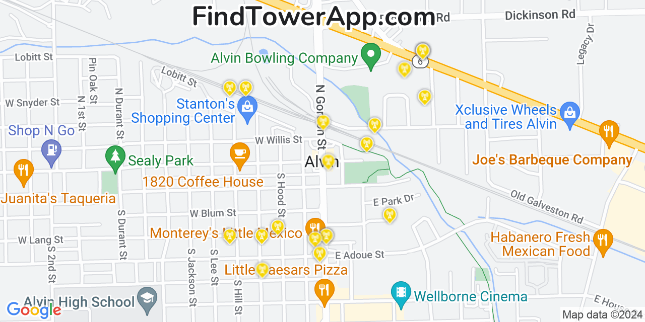 AT&T 4G/5G cell tower coverage map Alvin, Texas