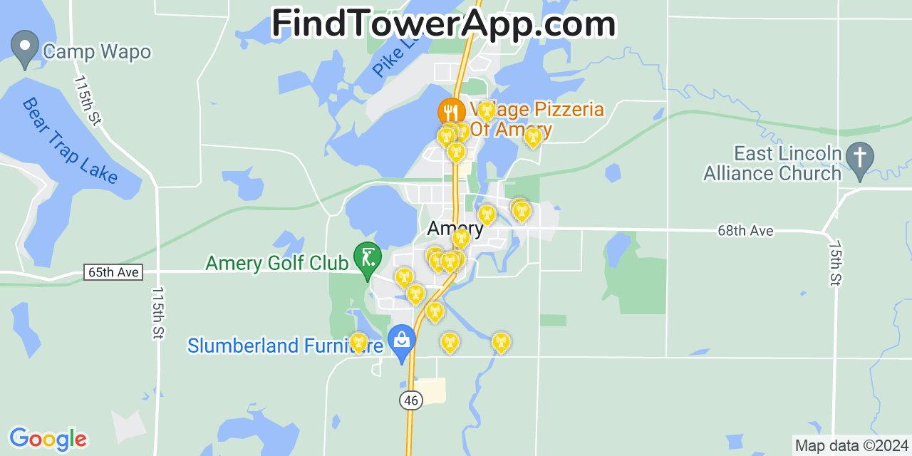 AT&T 4G/5G cell tower coverage map Amery, Wisconsin