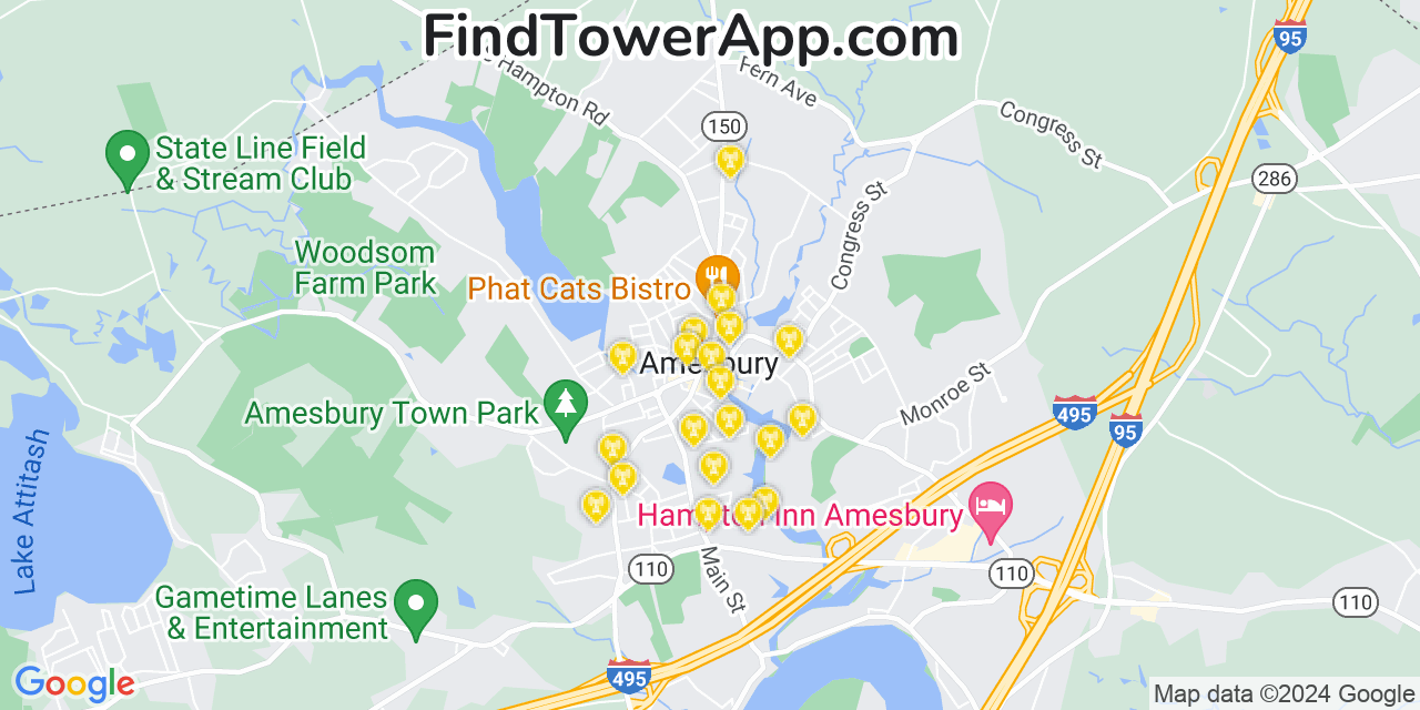 AT&T 4G/5G cell tower coverage map Amesbury, Massachusetts