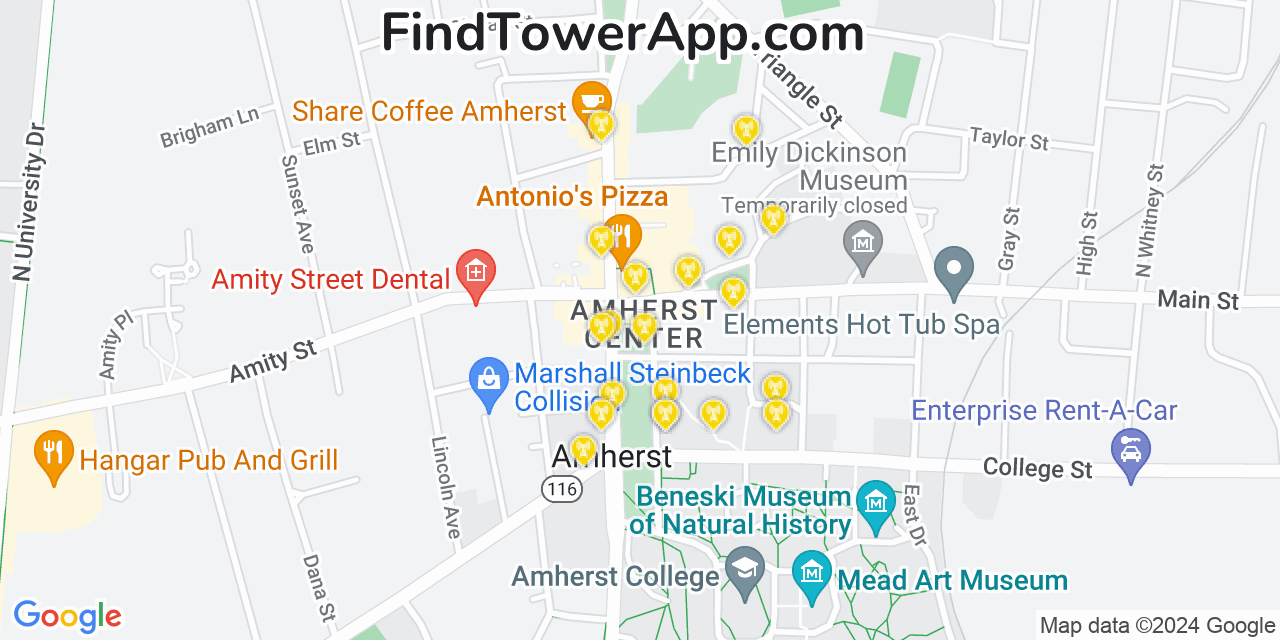 AT&T 4G/5G cell tower coverage map Amherst Center, Massachusetts