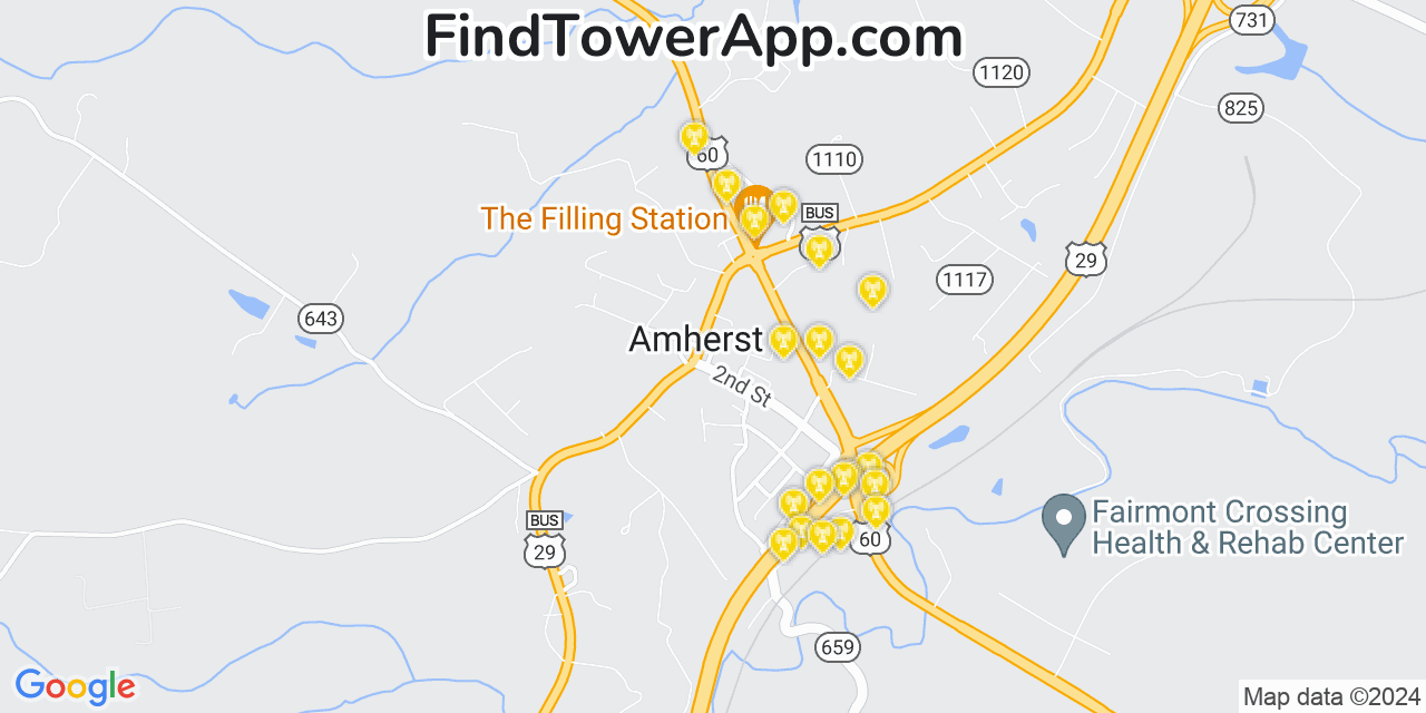 AT&T 4G/5G cell tower coverage map Amherst, Virginia